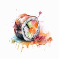 One sushi roll in watercolor style on white background. Royalty Free Stock Photo