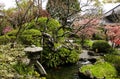 Traditional japanese decorative garden with pond, stone lantern and flowering quince trees, Hasedera temple, Kamakura, Japan