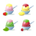 Traditional Japanese dessert kakigori. Ice chips with strawberry, lemon, cherry and green tea syrup. Vector flat illustration. Royalty Free Stock Photo