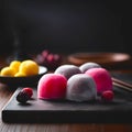 Traditional Japanese dessert mochi made from rice dough stuffed with berry sorbets. Close-up. Generative AI content.