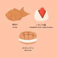 Traditional Japanese desserts and sweets treats street food Taiyaki or Japanese fish-shaped cake, strawberry mochi or ichigo