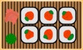 Traditional japanese dinner meal rice roll sushi set with wasabi and ginger. Colorful vector illustration fresh gourmet