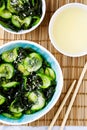 Traditional Japanese dish tasty appetizing seaweed salad served with cucumber in bowl close-up on light blue background Royalty Free Stock Photo