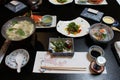 traditional japanese dishes in a restaurant at the tachikue gorge (japan)