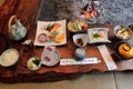 traditional japanese dishes in a restaurant at the tachikue gorge (japan)