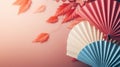 Traditional Japanese fan with red autumn leaves, fall vibes background Royalty Free Stock Photo