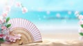 Traditional Japanese fan sensu in hot sunny weather, summer vibes background