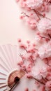 Traditional Japanese fan sensu, pink sakura blossom, spring vertical background