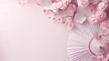 Traditional Japanese fan sensu in pink sakura blossom, spring vibes background