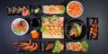 Traditional Japanese food - salmon salad sushi, rolls, rice with shrimp and sauce on a dark background. Top view Royalty Free Stock Photo