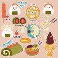 Traditional Japanese food stikers. Asian yakitori skewers, ramen, dumplings, taiyaki, matcha cake roll, shabu shabu