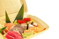 Traditional japanese food sushi. sushi delivery in thermo box. set of sushi, nigiri and maki. delicious dinner or lunch Royalty Free Stock Photo