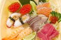 Traditional japanese food sushi, nigiri, sashimi, tuna fish and salmon. delicious dinner or lunch for one person. close Royalty Free Stock Photo