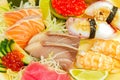 Traditional japanese food sushi, nigiri, sashimi, tuna fish and salmon. delicious dinner or lunch for one person. close Royalty Free Stock Photo