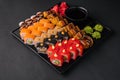Traditional japanese food - sushi, rolls and sauce Royalty Free Stock Photo