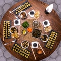 Traditional Japanese food - sushi, rolls and sauce on a wooden table. Top view Royalty Free Stock Photo