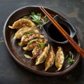 traditional Japanese fried Gyoza with soy sauce 1
