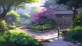 Traditional Japanese garden home architectural illustration painting. Generative AI