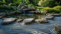 Traditional Japanese Garden with Koi Pond and Waterfall. Resplendent. Royalty Free Stock Photo