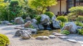 Traditional Japanese Garden with Koi Pond and Waterfall. Resplendent. Royalty Free Stock Photo