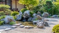 Traditional Japanese Garden with Koi Pond and Waterfall. Resplendent. Royalty Free Stock Photo