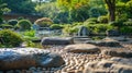 Traditional Japanese Garden with Koi Pond and Waterfall. Resplendent. Royalty Free Stock Photo