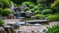 Traditional Japanese Garden with Koi Pond and Waterfall. Resplendent. Royalty Free Stock Photo