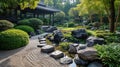 Traditional Japanese Garden with Koi Pond and Waterfall. Resplendent. Royalty Free Stock Photo