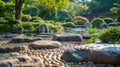 Traditional Japanese Garden with Koi Pond and Waterfall. Resplendent. Royalty Free Stock Photo