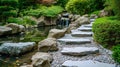 Traditional Japanese Garden with Koi Pond and Waterfall. Resplendent. Royalty Free Stock Photo