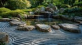 Traditional Japanese Garden with Koi Pond and Waterfall. Resplendent. Royalty Free Stock Photo