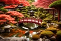A traditional Japanese garden with meticulously manicured bonsai trees,