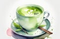 traditional Japanese green matcha tea in white cup with cinnamon, watercolor illustration