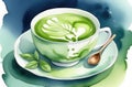 traditional Japanese green matcha tea in white cup with spoon, watercolor illustration