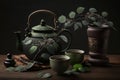 Traditional Japanese Green tea setup with beautiful lighting. Close-up details of ceramic tea pot and cups.Ai generated Royalty Free Stock Photo