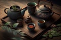 Traditional Japanese Green tea setup with beautiful lighting. Close-up details of ceramic tea pot and cups.Ai generated Royalty Free Stock Photo