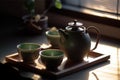 Traditional Japanese Green tea setup with beautiful lighting. Close-up details of ceramic tea pot and cups, Generative AI