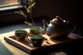 Traditional Japanese Green tea setup with beautiful lighting. Close-up details of ceramic tea pot and cups, Generative AI