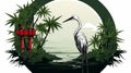 Traditional japanese heron and bamboo with intricate botanical patterns illustration for sale