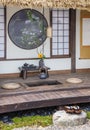 Traditional Japanese house with backyard flower garden. Oriental background Royalty Free Stock Photo