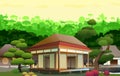 Traditional Japanese house. Dense forest sunrise. Small village. Rural dwelling with thatched roof. illustration vector. Royalty Free Stock Photo