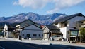 Traditional Japanese house with mountains, Nikko, Japan Winter landscape