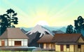 Traditional Japanese house. Sunrise and mountains. Small village. Rural dwelling with thatched roof. illustration vector