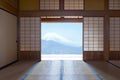 Tradition Japanese indoor house and paper sliding doors and tatami mat open to View of a beautiful Fuji mountain and japanese