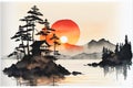 Traditional Japanese Japan art sunset watercolor