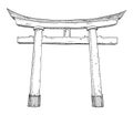 Traditional japanese japanese torii gate. Vintage hatching monochrome black illustration