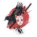 Crow, kitsune mask and katana