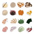 Traditional Japanese or Korean food - a big set of ingredients for traditional Oriental ramen noodle soups. Vector