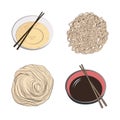 Traditional Japanese or Korean food - a set of ingredients for traditional Oriental ramen noodle soups. Vector