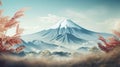 Traditional Japanese landscape with Fujiyama mountain background